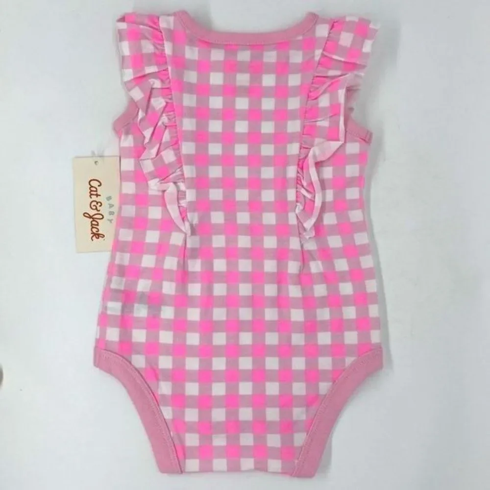 Cat & Jack Baby Pink Checkered Flutter Sleeve Bodysuit Onsie New 0-3 Months